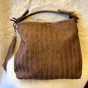 Moda Luxe Expresso brown M/L handbag faux leather abstract herringbone design. J